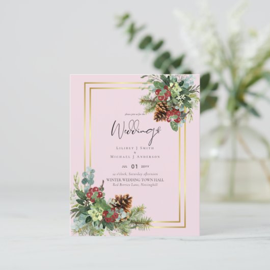 BUDGET Winter Red Berries Pine Cones Weddenschap (Staand voorkant)