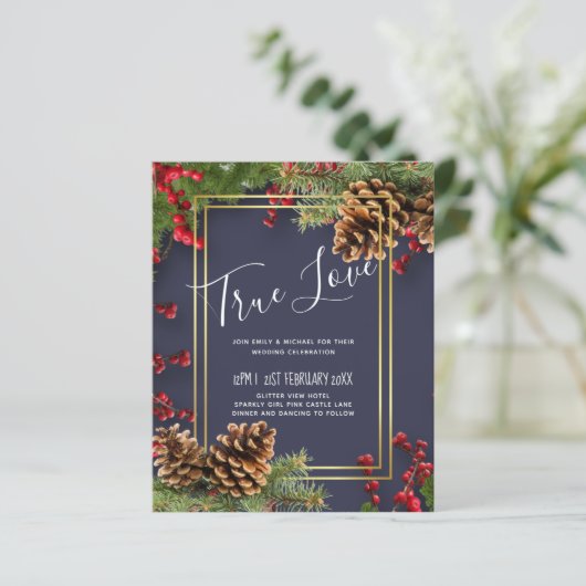 BUDGET Winter Red Berries Pine Cones Weddenschap (Staand voorkant)