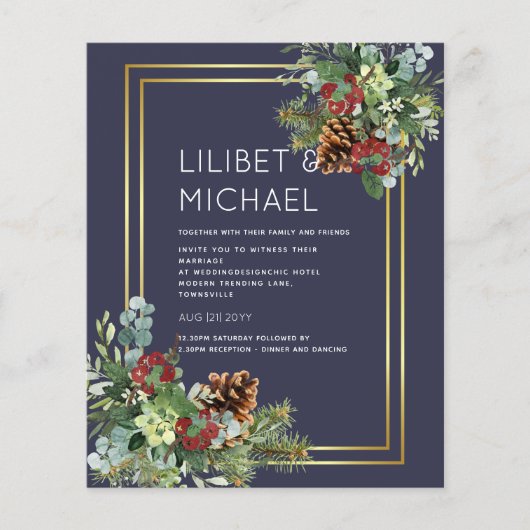 BUDGET Winter Red Berries Pine Cones Weddenschap Flyer (Voorkant)
