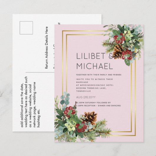 BUDGET Winter Rode Bessen Dennenkegels Bruiloft Briefkaart (Voorkant / Achterkant)