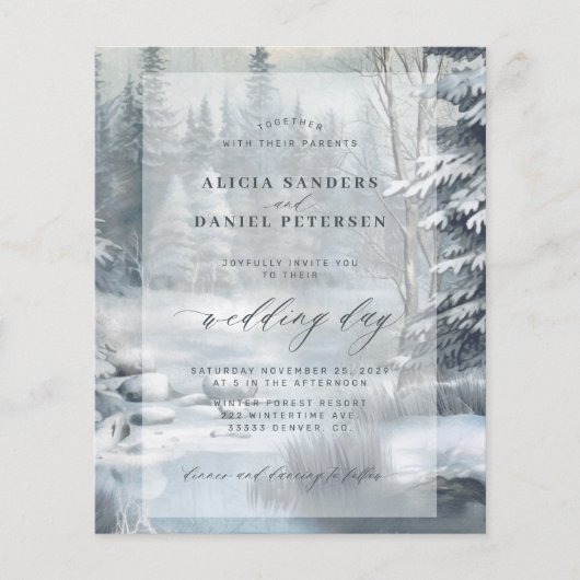 Budget winter sneeuw dennen bos bruiloft uitnodigi flyer (Voorkant)