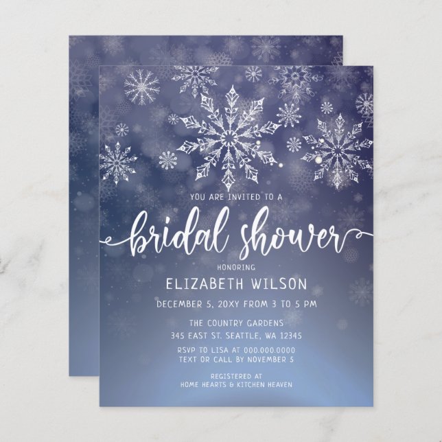 Budget Winter Snowflakes Bridal Shower Uitnodiging (Voorkant / Achterkant)