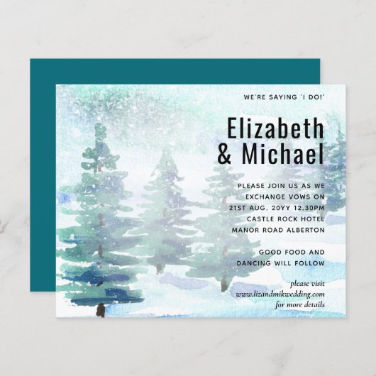 Budget Winter Watercolor Teal Huwelijksuitnodiging (Voorkant / Achterkant)