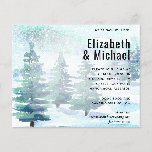 Budget Winter Waterverf Blauwgroen bruiloft uitnod (Voorkant)