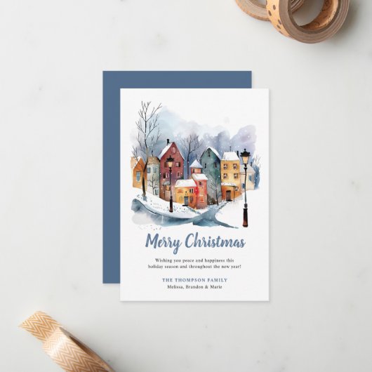 BUDGET Winter Waterverfhuizen Blauwe Kerstmis Notitiekaartje (Voorkant / Achterkant in situ)