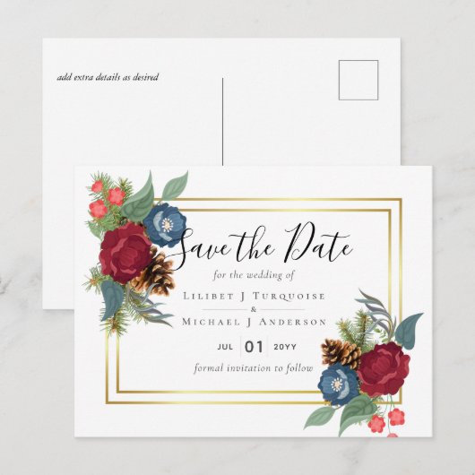 BUDGET Winter Weddenschap Burgundy Blauwgroen Blue Briefkaart (Voorkant / Achterkant)