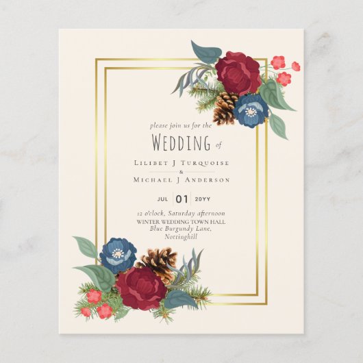 BUDGET Winter Weddenschap Burgundy Blauwgroen Blue Flyer (Voorkant)