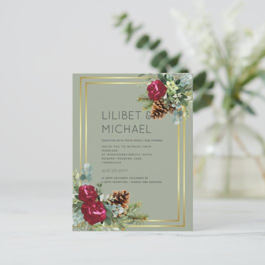 BUDGET Winter Weduwschap Bourgogne Rozen Eucalyptu Briefkaart (Staand voorkant)