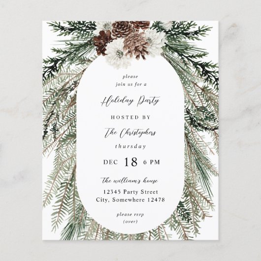 Budget Winter White Floral & Pine Tree Kerstmis Flyer (Voorkant)