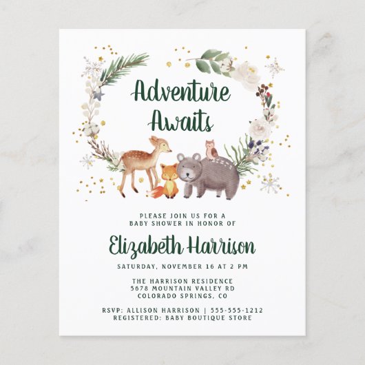 Budget Winter Woodland Animals Baby shower Invite (Voorkant)