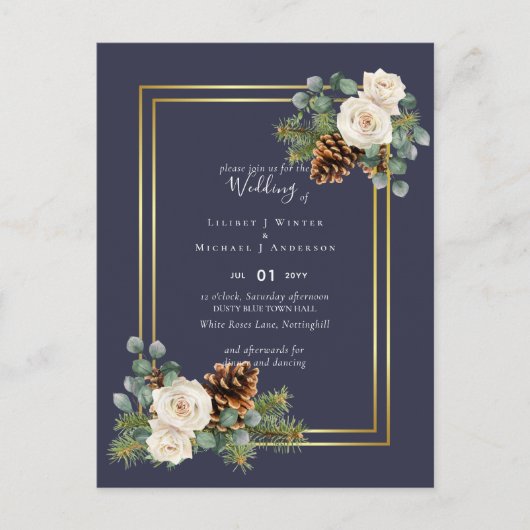 BUDGET Winterhuwelijk Witte Rozen Goud Stof Blauw Briefkaart (Voorkant)