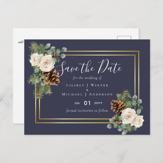 BUDGET Wintertrouw wit rozen goud stoffig blauw Briefkaart (Voorkant / Achterkant)