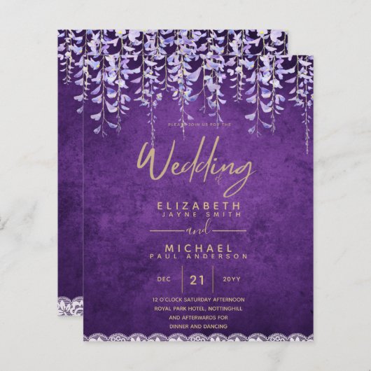 BUDGET Wisteria Paars Floral Lace Wedding INVITE (Voorkant / Achterkant)