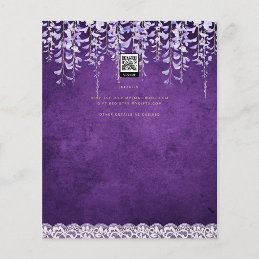 BUDGET Wisteria Paars Floral Lace Wedding INVITE (Achterkant)