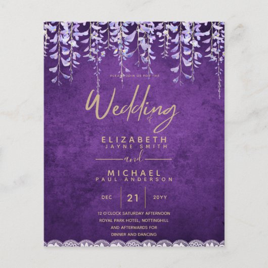 BUDGET Wisteria Paars Floral Lace Wedding INVITE (Voorkant)