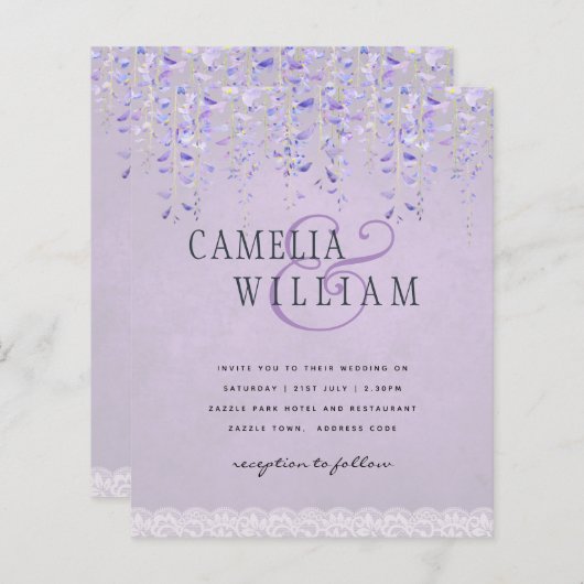 BUDGET Wisteria Paars Floral Lace Wedding INVITE (Voorkant / Achterkant)