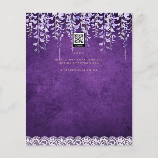 BUDGET Wisteria Paars Floral Lace Wedding INVITE Flyer (Achterkant)