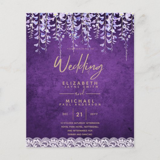 BUDGET Wisteria Paars Floral Lace Wedding INVITE Flyer (Voorkant)