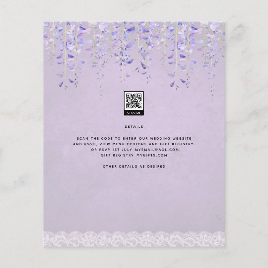 BUDGET Wisteria Paars Floral Lace Wedding INVITE Flyer (Achterkant)