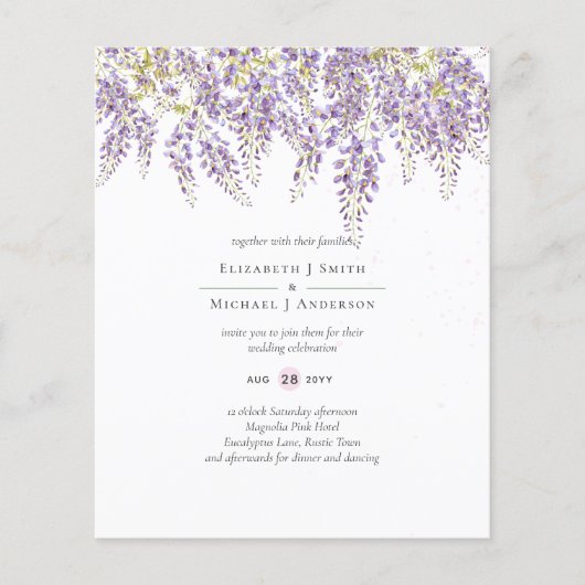 BUDGET Wisteria Paars Floral Wedding Invites (Voorkant)