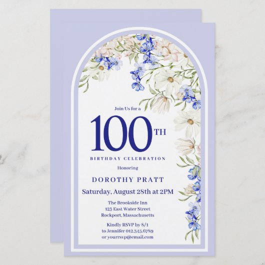 Budget Wit Blauw Bloemen 100e Verjaardag Uitnodige (Voorkant / Achterkant)