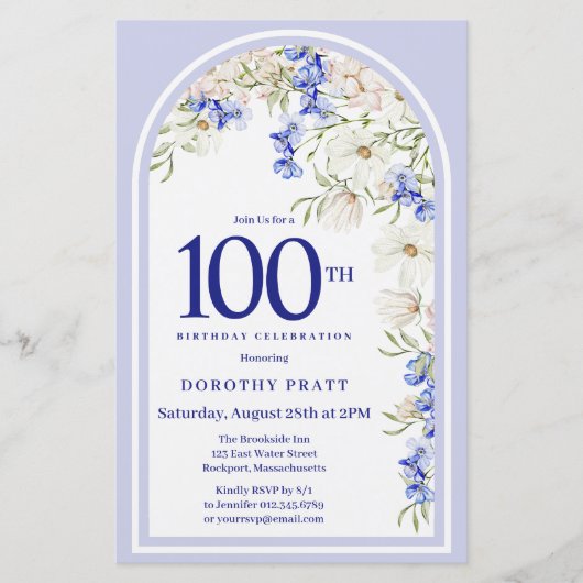 Budget Wit Blauw Bloemen 100e Verjaardag Uitnodige (Voorkant)