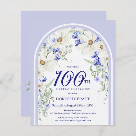 Budget Wit Blauw Bloemen 100e Verjaardag Uitnodige (Voorkant / Achterkant)