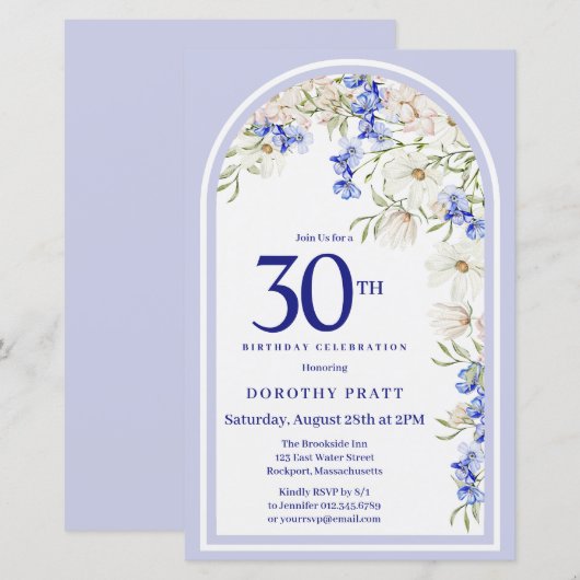 Budget Wit Blauw Bloemen 30e Verjaardag Uitnodigen (Voorkant / Achterkant)