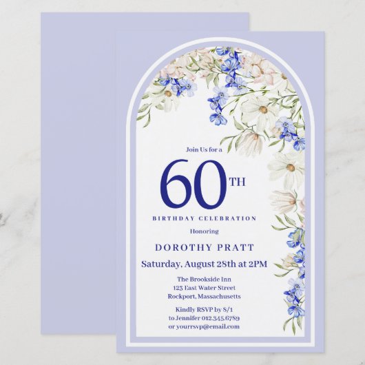 Budget Wit Blauw Bloemen 60e Verjaardag Uitnodigen (Voorkant / Achterkant)