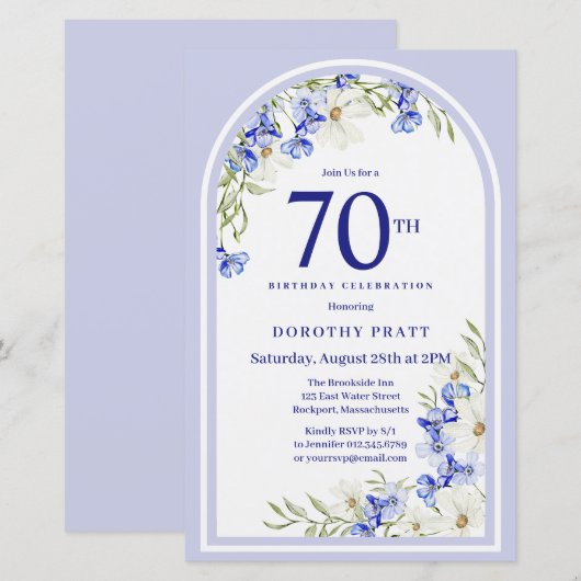Budget Wit Blauw Bloemen 70e Verjaardag Uitnodigen (Voorkant / Achterkant)