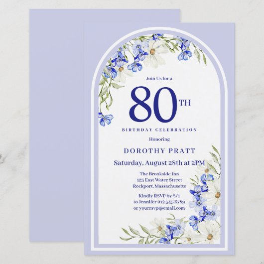 Budget Wit Blauw Bloemen 80ste Verjaardag Uitnodig (Voorkant / Achterkant)