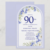 Budget Wit Blauw Bloemen 90ste Verjaardag Uitnodig (Voorkant / Achterkant)