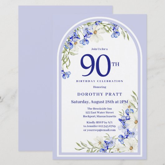 Budget Wit Blauw Bloemen 90ste Verjaardag Uitnodig (Voorkant / Achterkant)