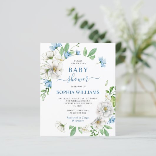 Budget Wit & Blauw Bloemen Baby shower Invitation (Staand voorkant)