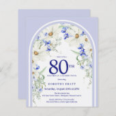 Budget Wit Blauw Bloemenboog 80e Verjaardag Uitnod (Voorkant / Achterkant)