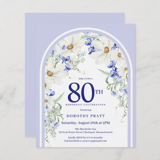 Budget Wit Blauw Bloemenboog 80e Verjaardag Uitnod (Voorkant / Achterkant)