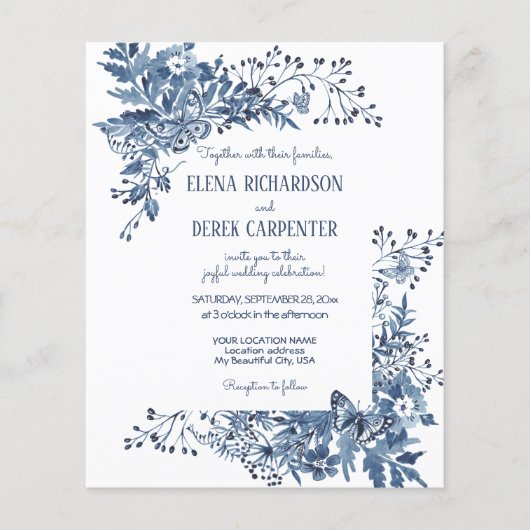 Budget Wit Blauw Wildbloem Vogel Bloemen Bruiloft (Voorkant)