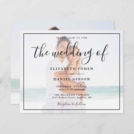 Budget wit-en-zwart foto-huwelijksuitnodiging (Voorkant / Achterkant)