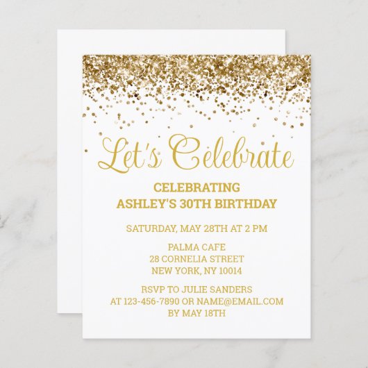 Budget Wit & Goud 30e Verjaardagsfeestuitnodiging (Voorkant / Achterkant)