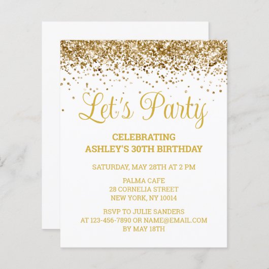 Budget Wit & Goud 30e Verjaardagsfeestuitnodiging (Voorkant / Achterkant)