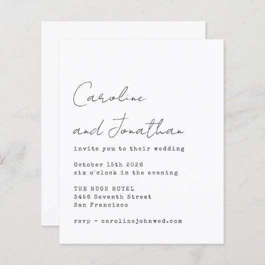 Budget wit schrijfmachine-script trouwuitnodiging (Voorkant / Achterkant)