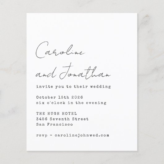 Budget wit schrijfmachine-script trouwuitnodiging (Voorkant)