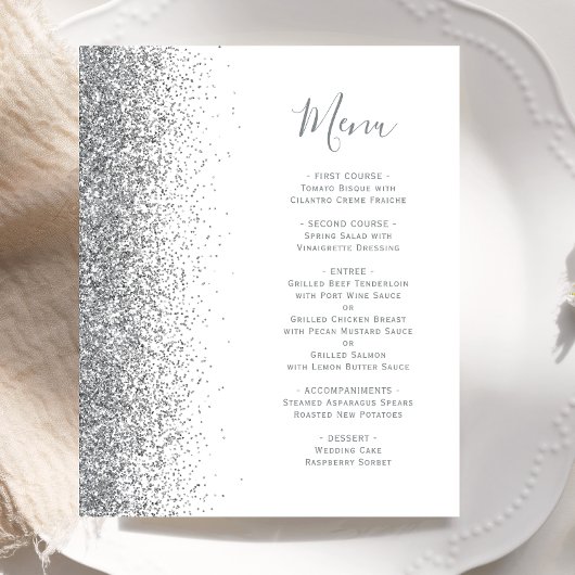Budget Wit Zilver Glitter Edge Wedding Menu