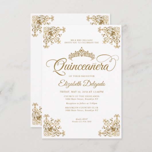 Budget  witgoud Lijst tiara quinceanera Notitiekaartje (Voorkant / Achterkant)