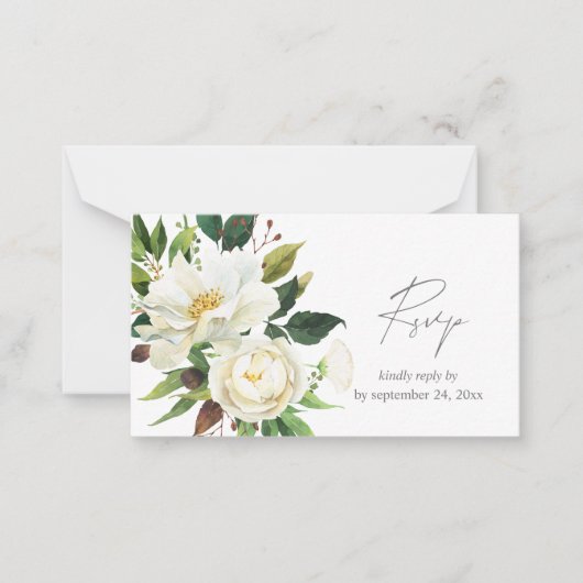 Budget Witte Bloemen Greenery 2SM Maaltijd RSVP Notitiekaartje (Voorkant)
