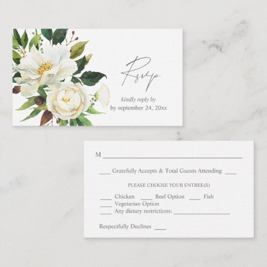 Budget Witte Bloemen Greenery 2SM Maaltijd RSVP Notitiekaartje (Voorkant / Achterkant)