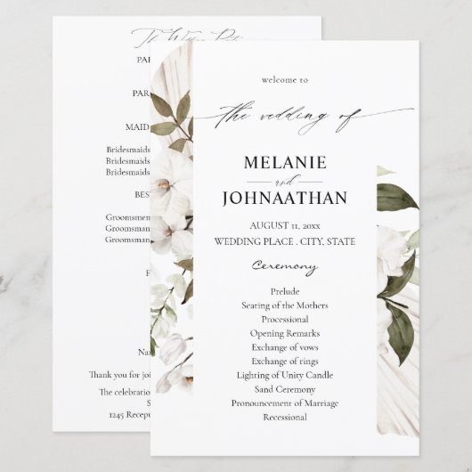Budget Witte Boho Bloem Bruiloftsprogramma MED (Voorkant / Achterkant)
