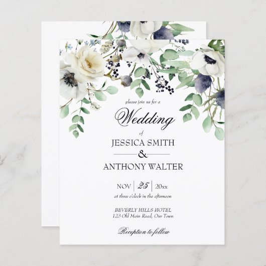 Budget witte floral greenery bruiloft nodig (Voorkant / Achterkant)