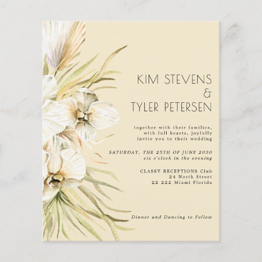 Budget witte florale moderne boho bruiloft uitnodi (Voorkant)