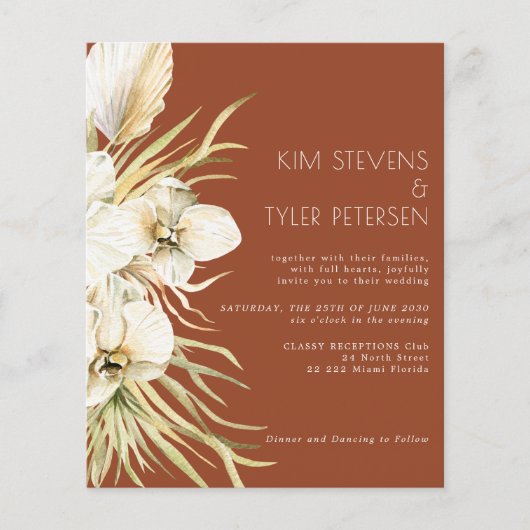 Budget witte florale moderne boho bruiloft uitnodi flyer (Voorkant)